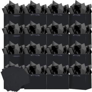 Qiqee 24PCS Black Small Gift Wide Bags with Tissue Paper Handles 6.3"x4.7"x2.4" Small Size Present Party Favor （24pcs Bags, Tissue Paper ）