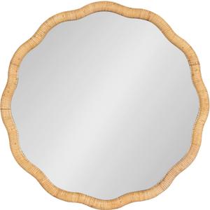 Kate and Laurel Rahfy Boho Scalloped Round Rattan Mirror; 26 Inch Diameter; Natural Wood; Decorative Round Wavy Mirror with Authentic Rattan Frame for Boho Wall Decor