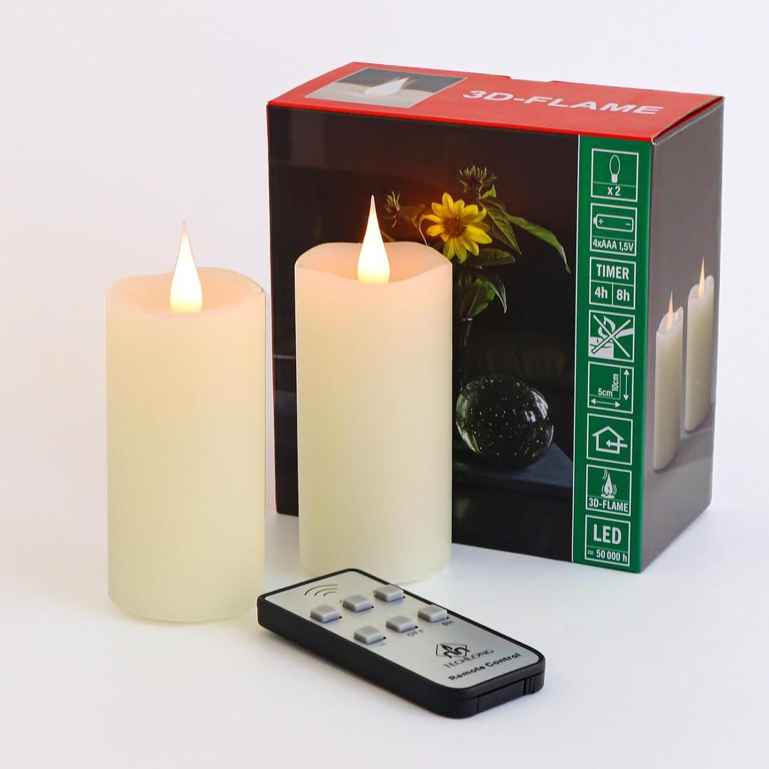 TECHLONG Flameless Candles Battery Operated with Remote Timer, 3D Moving Flame Flickering, Last 400+ Hours, 2" x 4" Ivory Real Wax Electric LED Candle for Christmas Home Wedding Decor, 2 Pack