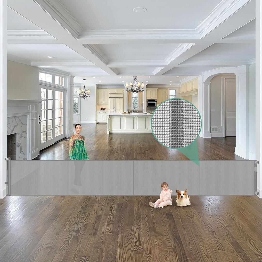 Reinforced 195 Inch Extra Wide Baby Gate Retractable Dog Fence with Support Rods  Prevent Crawling Under, 16 Foot Retractable Baby Gates Retractable Dog Gate Outdoor/Indoor Extra Long Pet Gate, Gray