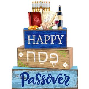 Lineshading 4 Pcs Happy Passover Table Decorations Wooden Menorah Table Centerpieces Pesach Jewish Holiday Party Passover Seder Meal Tabletop Topper Mantel Shelf Decor