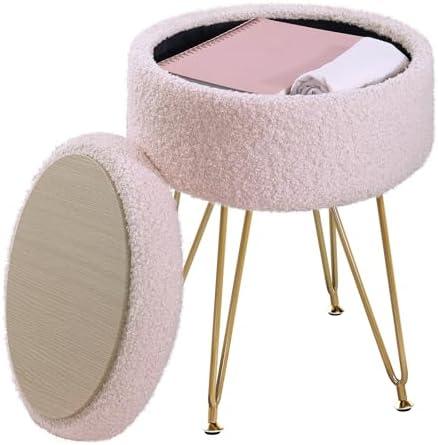 ABHENG Storage Ottoman Round Footrest Stool, Vanity Stool Chair Faux Teddy Fur with Storage, Pouf Couch Stool, Dressing Table Seat, Modern Multifunctional Chairs, 12.6"x12.6"x17.4" Jelly Pink UASND51P