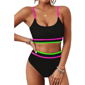 BMJL Women's High Waisted Bikini Ribbed Two Piece Swimsuit High Cut Color Block Adjustable Straps Bathing Suit (Large, Rainbow Black043)