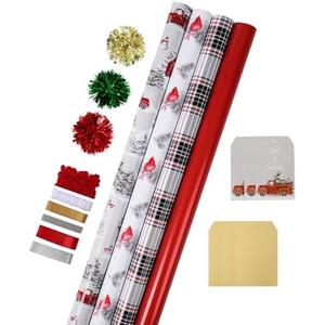LaRibbons Christmas Wrapping Paper Sets, Classic Truck & Plaid & Cardinal Design with Ribbons & Gift Tags & Metallic Pom Pom for Christmas, Holiday, 30Inch × 10Feet（4 Rolls: 100 Sq.Ft.Ttl）