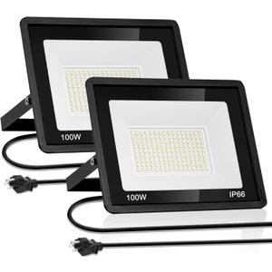 100W LED Outdoor Flood Light 2-Pack IP66 Waterproof Security Light with Plug Super Bright 6000K Daylight White Flood Lights Outdoor Linght for Arage, Yard, Garden, Stadium, Playground, Aren