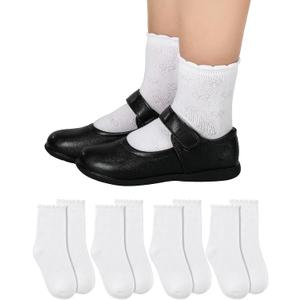 Shyyween 4 Pairs Girls White Ruffle Socks Kids Cotton School Uniform Dress Socks Crew Ankle Size 4-12 Years (White)