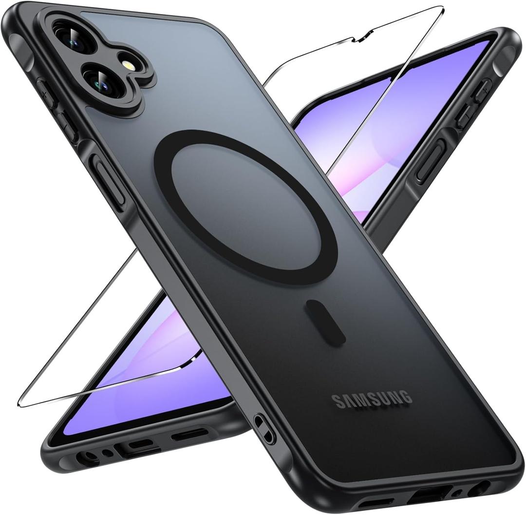 for Samsung Galaxy A07 Case, Galaxy A07 Screen Protector [Military Grade Heavy Duty Protection], Magnetic Galaxy A07 Case, Non-Slip & Skin Feel Phone Cover for Samsung A07, Black