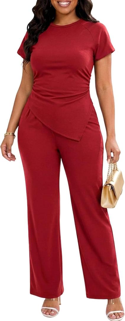 Ekaliy Womens 2 Piece Outfits Short Sleeve Tops Dressy Pant Sets Business Casual Outfits (Red, XXL)