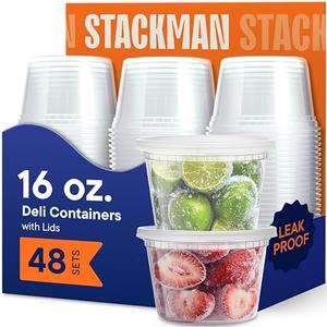 Stack Man 16 oz Deli Containers with Lids (48 Sets) – Pint Clear Plastic Food Storage Containers, Airtight Leak-Resistant Seal, BPA-Free, Microwave & Freezer Safe, Meal Prep Soup Takeout To-Go