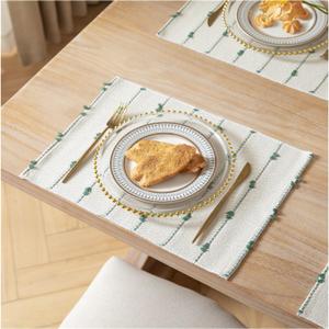 Boho Placemats Set of 4 for Dining Table Decor, Woven Cloth Place Mats for Farmhouse Rustic Kitche Home Decor, Cotton Placemats 13 x 19 Inch, Green and Beige Table mats