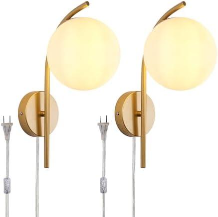 Qichksum Wall Sconces Plug in Set of 2, Hanging Wall Lamp with Plug in Cord, Metal Wall Lamp White Glass Globe Indoor Wall Decor Light for Bedroom, Farmhouse, Hallway, Living Room, Kitchen, Gold