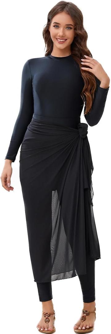 IDOPIP Muslim Burkini Swimsuit for Women's One Piece Swimsuit with Beach Skirt+Cover up Sarong+Pants 4PCS Bathing Suit (X-Large, Black)
