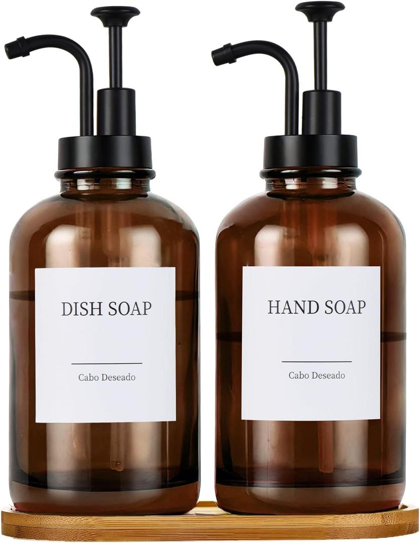 Glass Soap Dispenser with Pump, Dish and Hand Soap Dispenser for Kitchen Bathroom Set, Clear Glass Dispenser Set of 2 Pack with 18 Stickers Funnel Bamboo Tray 500ml 18oz Amber