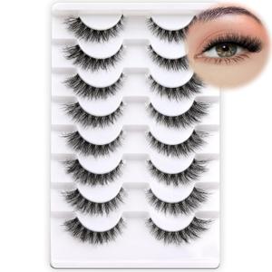 Cat Eye Lashes Wispy False Eyelashes 5-14mm Short Fake Lashes Natural Look D Curl Strip Lashes with Clear Band 8 Pairs Soft Fluffy Lashes Pack 