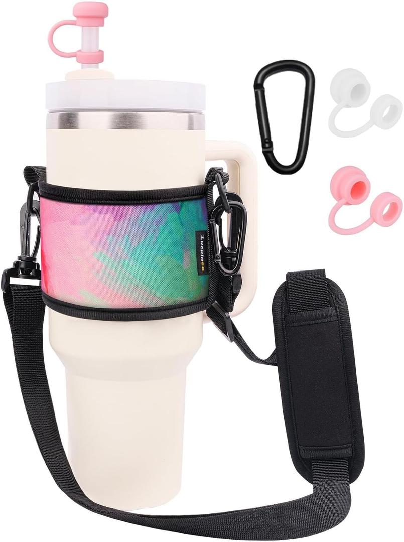 LUCKINEE Water Bottle Carrier Holder with Shoulder Strap Water Bottle Handle Strap Sling for Stanley 30&40oz Tumblers with 2pc Straw Covers Toppers for Stanley Cup Accessories (Colorful Print)
