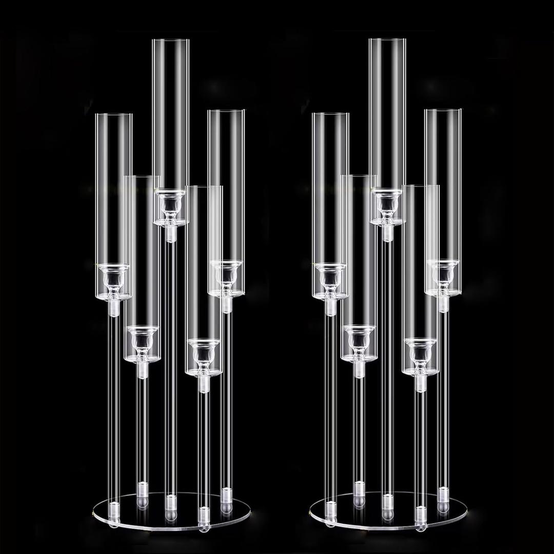 2Pcs Acrylic Candelabra Centerpieces for Wedding,Clear Crystal 5 Arm Candlesticks Holder with Acrylic Shade for Valentine's day Dinner Party Fireplace Gift Fit 0.87 LED Candle