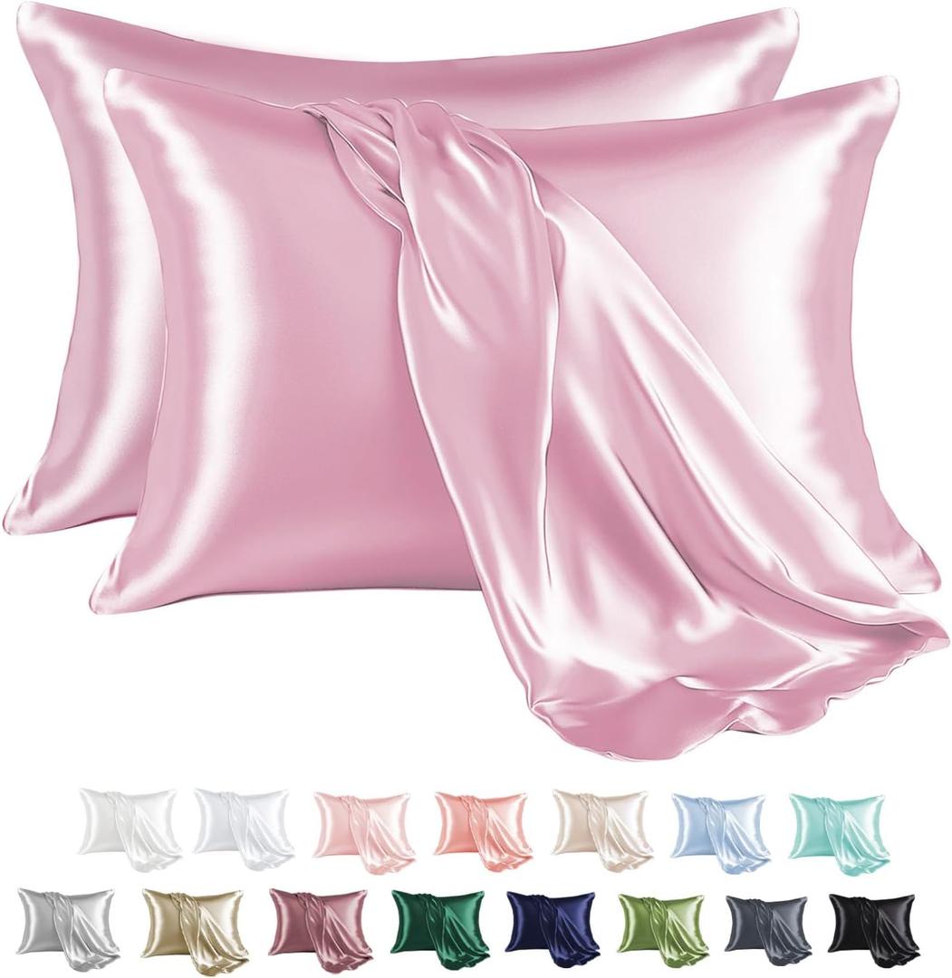 MR&HM Satin Pillowcase for Hair and Skin, Silk Satin Pillowcase 2 Pack, Standard Size Pillow Cases Set of 2, Silky Pillow Cover with Envelope Closure (20x26, Pink)