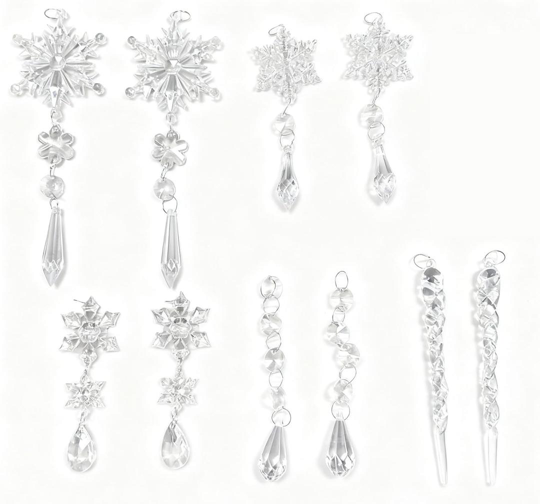 10PCS Clear Acrylic Snowflake Ornaments - Crystal Icicle Hanging Pendants with Crystal Rope for Holiday Home Decoration