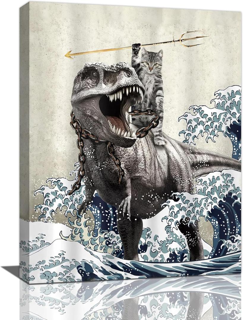 Mecowcm Funny Dinosaur Cat Wall Art Dinosaur Cat Bathroom Decor Pictures Canvas Print Vintage Ocean Waves Painting Artwork Deocration For Office Bathroom Bedroom Living Room 12"x16"