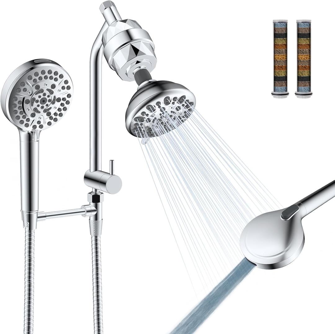 Filtered Shower Heads, All Metal Dual Shower Head with Easy Reach Handheld Spary Combo, 3-Way High Pressure 70 Modes Rainfall Showerhead, 71" Hose, Shower Bracket, 20 Stage Shower Filter, Chrome