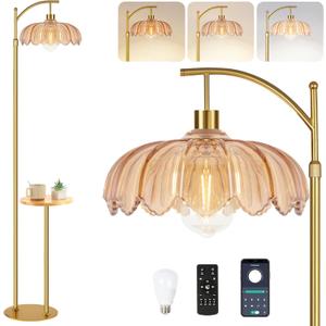 Gold Floor Lamp with Table and Shelves for Living Room Bedroom,Glass Standing Lamp with Remote Dimmable,Boho Brass Tall Lamp Vintage Farmhouse Arc Flower Floor Light Bohemian