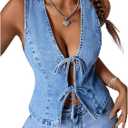 Milumia Women's Tie Bow Front Deep V Neck Denim Vest Sleeveless Jean Jacket (Medium)