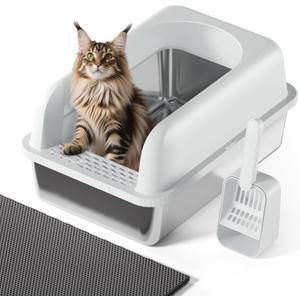 Stainless Steel Cat Litter Box with Lid, 24" L x 16" W x 11.8" H, Large Cat Litter Box for Multiple Cats with High Sided, No-Leak & Stick, Easy to Clean, Includes Litter Mat & Multi Functional Scoop