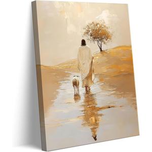 Jesus Leaving 99 Sheep Canvas Wall Art Jesus And Lamb Wall Decor Picture Christ The Good Shepherd Lost Lamb In Poster Print for Living Room Bedroom Church Home Room Decoration Prepare To Hang (24L" x 16W"-canvas)