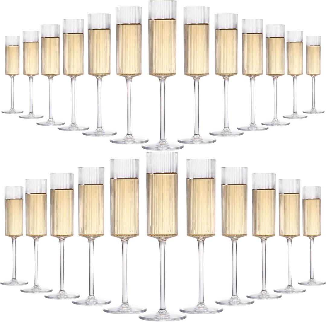 24 Pcs Clear Champagne Flutes 6 oz Ribbed Plastic Champagne Glasses with Long Stem Crystal Disposable Cocktail Cups for Party, Wedding, Birthday (Clear)