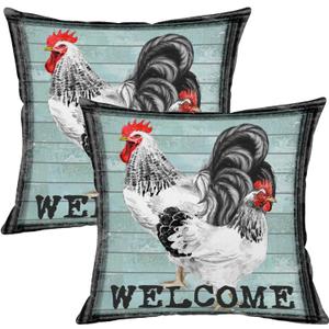 Rooster Throw Pillow Covers Set of 2, 18 x18 Inch Double-Sided Print Pillows Farmhouse Welcome Cushion Cases, Country Farm Chicken Poultry Decor for Couch, Sofa, Entryway, Porch