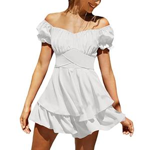 LYANER Women's Tie Back Off Shoulder Wrap Layer Ruffle Short Sleeve Mini Dress White X-Large
