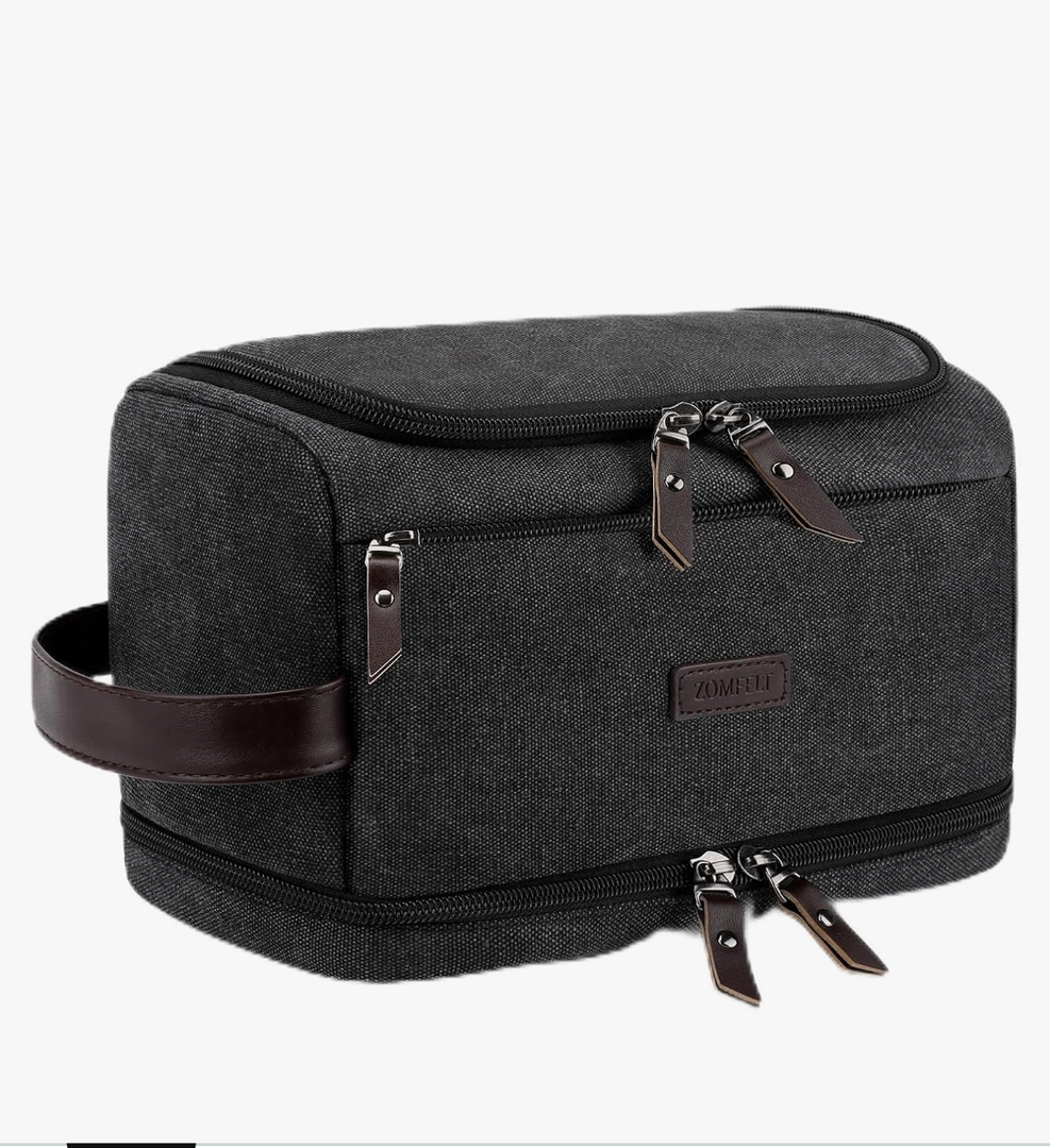 ZOMFELT Toiletry Bag for Men, Dual Layers Canvas Travel Toiletries Bag, Water-Resistant Travel Organizer with Elastic, Large Capacity Dopp Kit, Hanging Shaving Hygiene Bag, Dark Grey