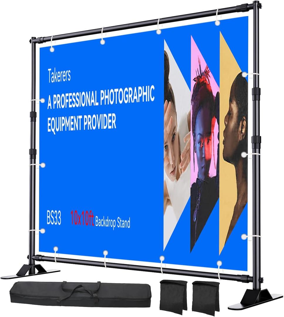 Takerers 10x10 ft Adjustable Backdrop Banner Stand, Extra Thick Heavy Duty Aluminum Alloy Background Stand Kit with Carry Bag & Sand Bags, Photography Frame Stand for Trade Show Photo Booth Parties