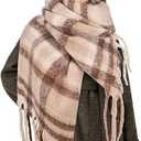 Womens Scarf Winter Big Colorful Checked Thick Warm Soft Scarves Casual Tassel Blanket Scarf (Khaki)