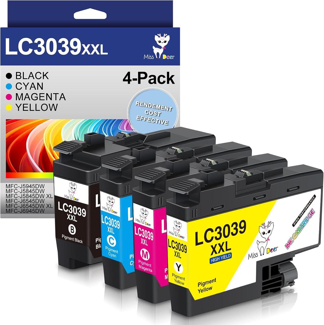 Miss Deer LC3039 BK/C/M/Y Ink Cartridges,Compatible Replacement for Brother LC3039 XXL LC-3039BK,Work for Brother MFC-J5945DW MFC-J6945DW MFC-J5845DW MFC-J6545DW,4 Pack