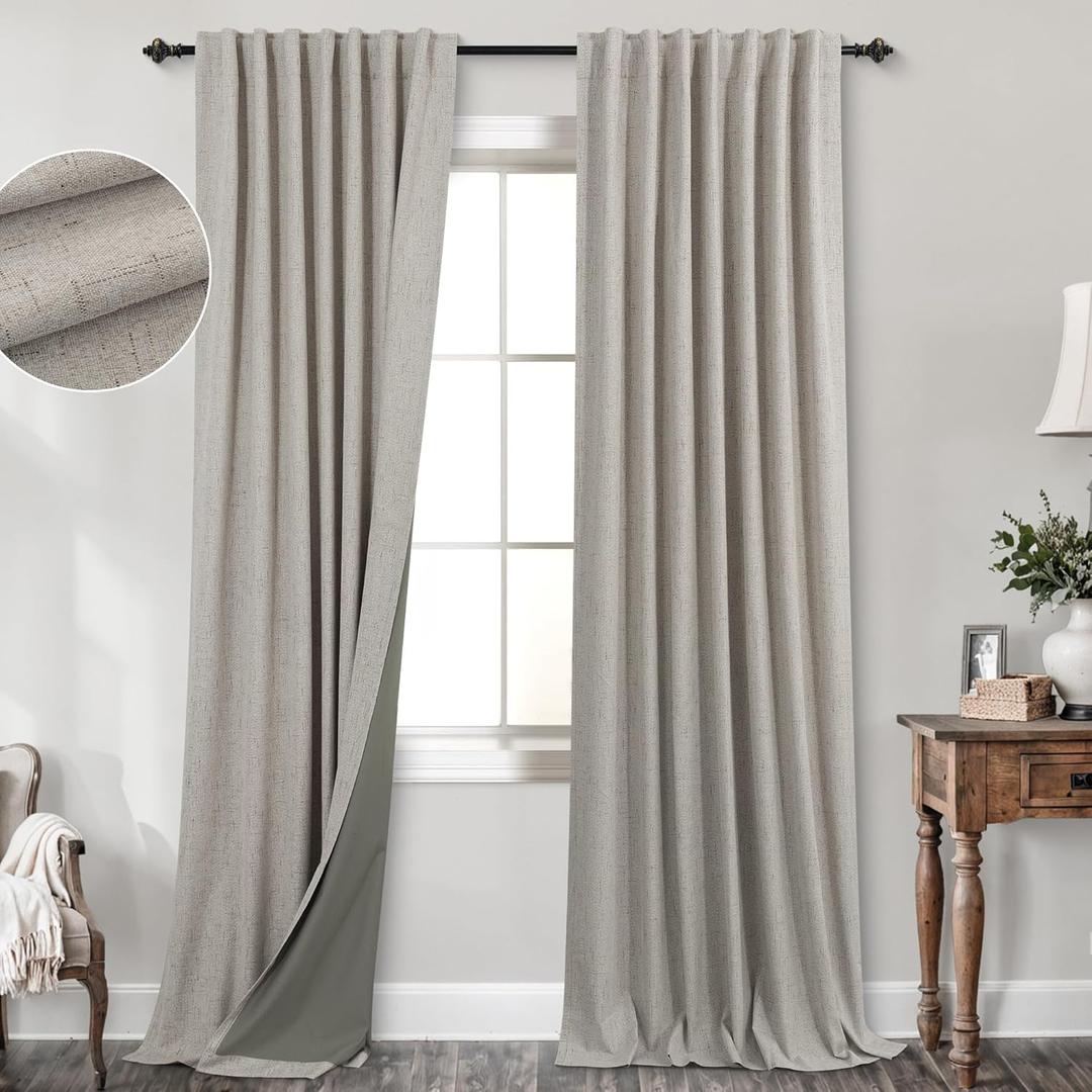 KOUFALL Stone Grey Blackout Curtains 90 Inches Long for Bedroom,Linen Back Tab Black Out Drapes for Living Room (52"W x 90"L (Pack of 2), Taupe)
