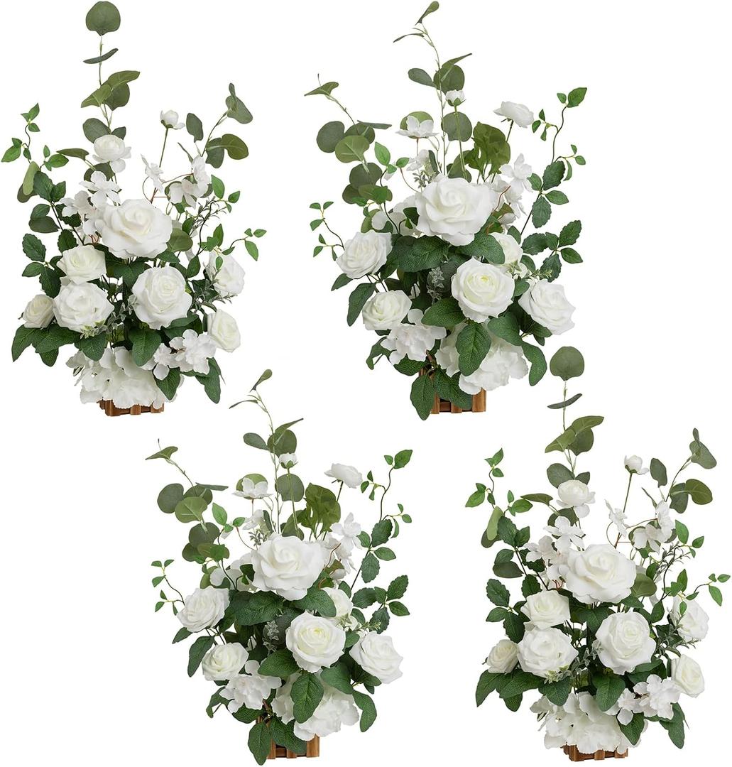 Ling's Moment 17.5" Tall Standing Artificial Flowers Arrangements 4 pcs Wedding Aisle Runner Chair Decorations White Sage Centerpieces for Ceremony Reception Rose Floral Party Outdoor Decor