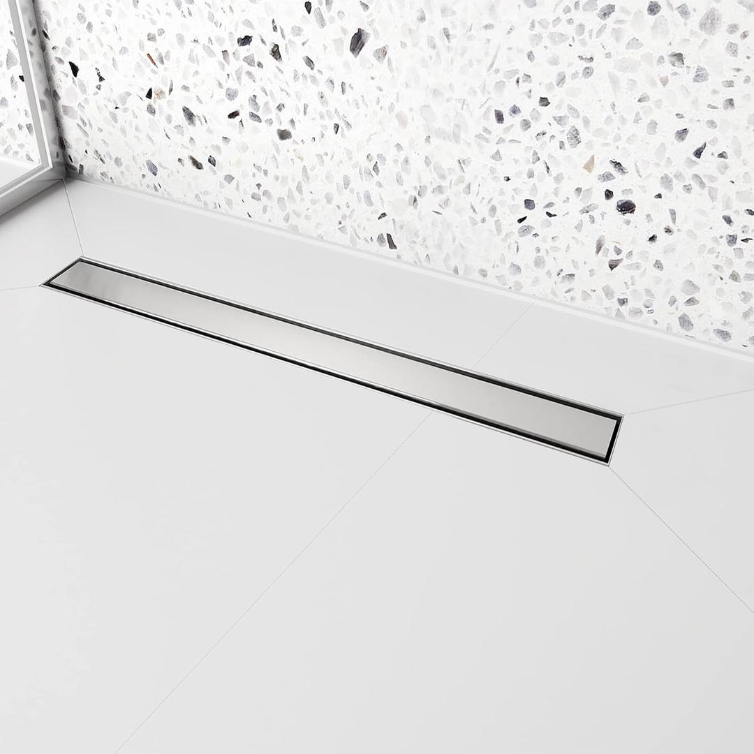 24 inch Linear Shower Drain with Removable Square Hole Panel by Using Brushed 304 Stainless Steel Process, Linear Drain Equipped with Adjustable Feet and Hair Strainer