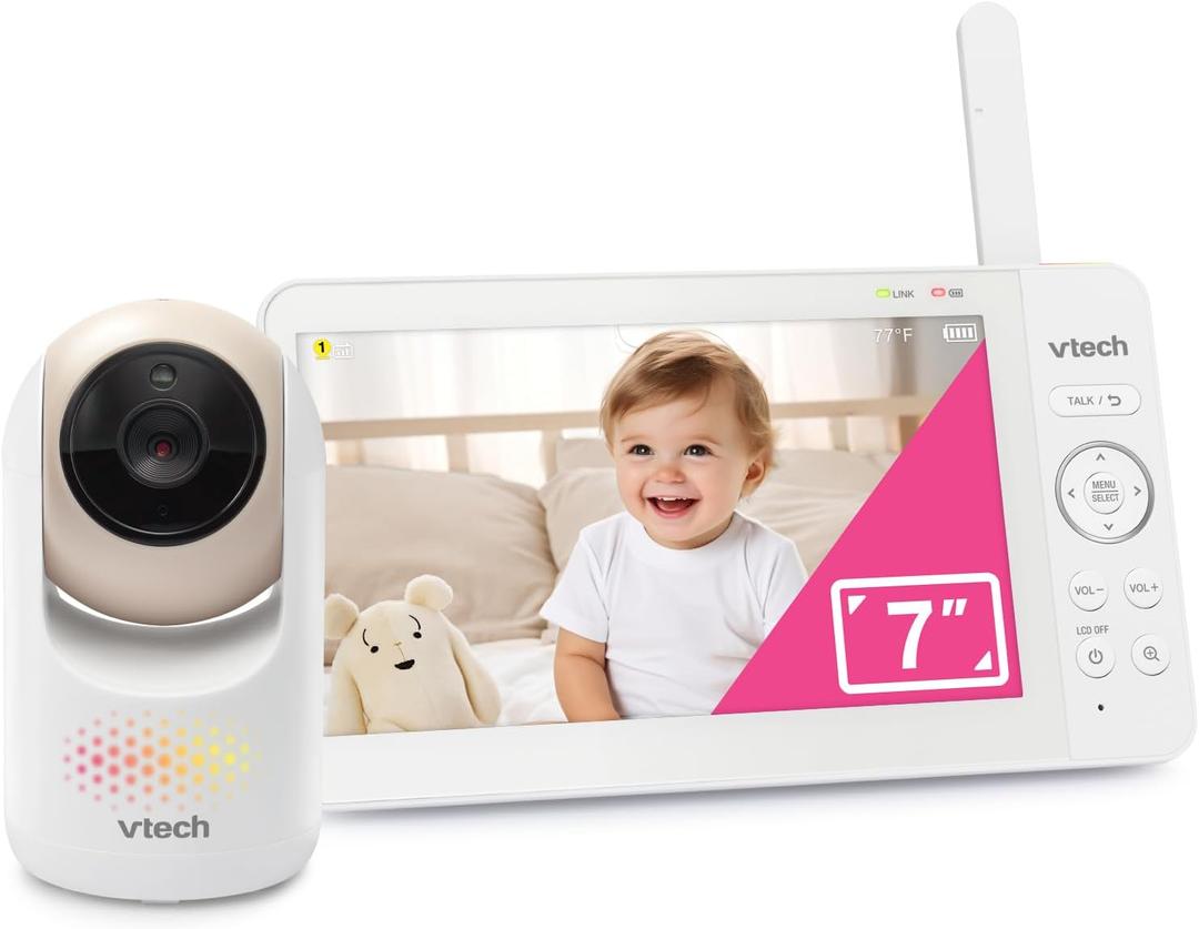 VTech Baby Monitor No WiFi, 7" IPS Screen, 5000mAh 12Hr Battery, 360° Pan Tilt Zoom, Night Vision, Multi-Color Night Light, 2-Way Talk| Advanced Max Tan