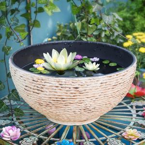 Sungmor Large Garden Bowl Planter Water Plant Pot, Miniature Landscaping Succulent Planter, 15.6 Inch Marble Texture Water Lily Pots, Small Fountain Base Mini Fish Pond Bird Bath (Earth Yellow)
