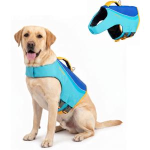 Tuff Pupper Dog Life Jacket | High Buoyancy Dog Swim Vest with Rescue Handle | Adjustable Secure Fit | Reflective Safety Trim | Pet Flotation Jacket for Swimming Boating Kayaking (Blue/Yellow, L)
