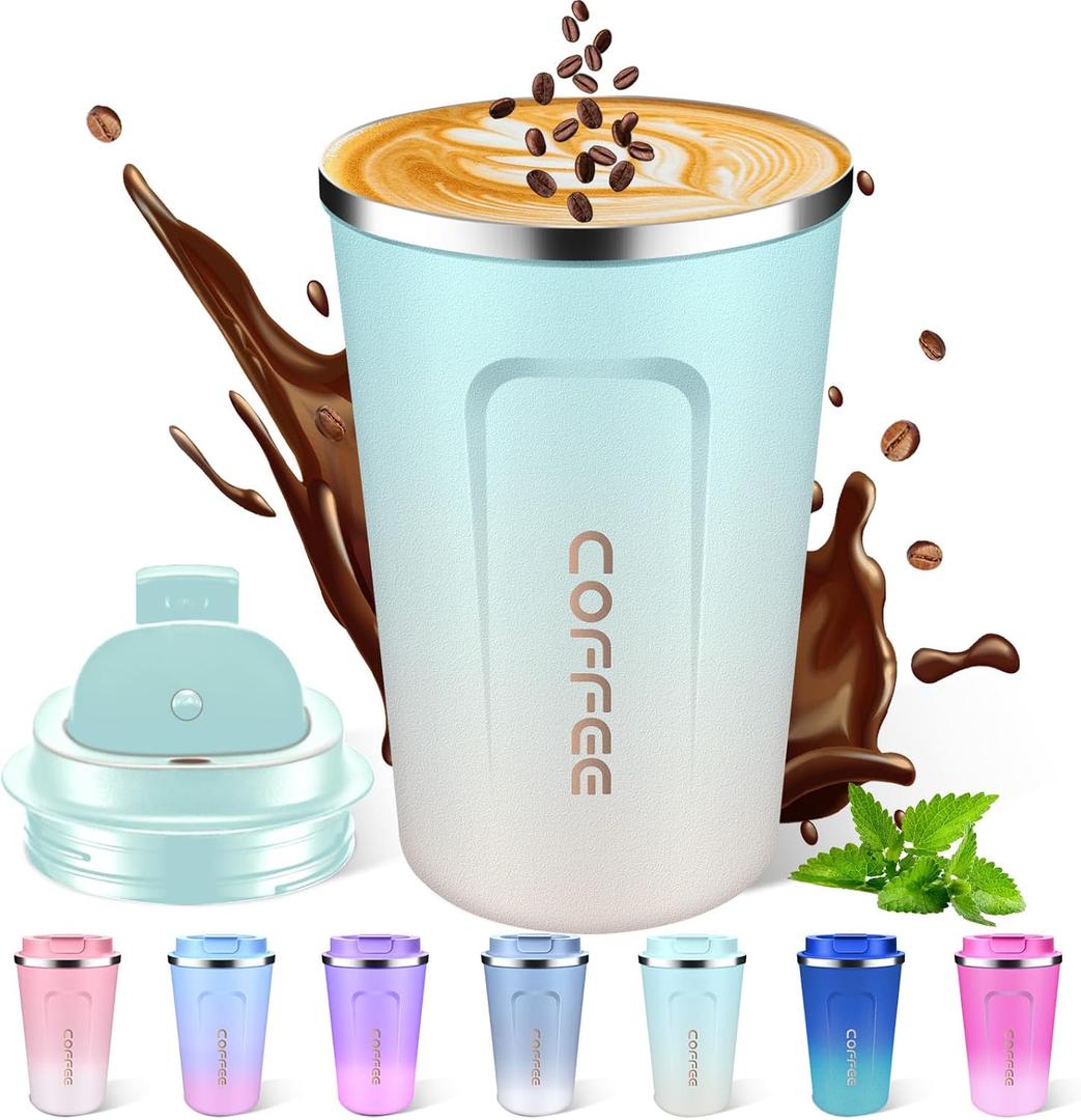 12 oz Insulated Travel Mug with Lid, Leak Proof, Gradient Colorful Stainless Steel, Thermal Keeps Cold and Hot for Coffee/Tea (lightGreenWhite)