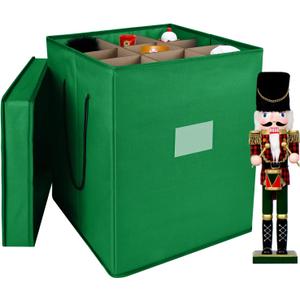 Christmas Nutcracker and Figurine Collectible Storage Box, Fits 9 Holiday Ornaments, Stores Up to 16" Tall Ornaments, Holiday Decor Organizer with Dividers, Nutcracker not Included(Green)