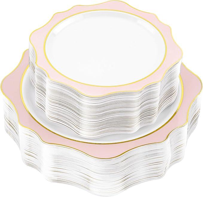 50 PCS White and Pink Disposable Plates for 50 Guests, Scalloped Plastic Plates Include 50 Dinner Plates and 50 Dessert Plates for Party, Wedding and Graduation