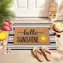 Moucuny 2 Pcs Summer Hello Sunshine Coir Door Mat 24'' x 35'' Black and White Striped Outdoor Rug 16'' x 28'' Yellow Sunshine Coir Doormat Non Slip Seasonal Welcome Doormat for Porch Front Decor