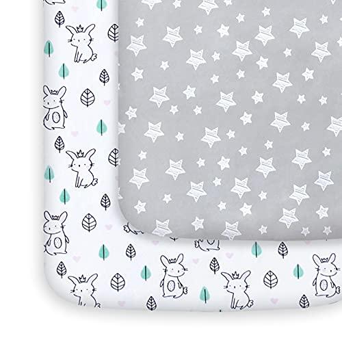 Moonsea Pack and Play Sheets, 2 Pack Mini Crib Sheets, Stretchy Playard Fitted Sheet, Compatible with Graco Pack n Play, Soft and Breathable Material, Stars & Bunny