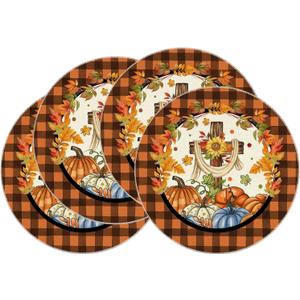 2 x XCHI Fall Cross Pumpkin Maple Leaves Plaid Round Placemats Set of 4 Table Mats for Party Home Kitchen Dining Thanksgiving Table Decorations 14x14 Inch (Orange and Black)