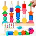 Montessori Wooden Threading Beads Set for Toddlers 3 4 5, Bead Sequencing & Stacking Toy with Pattern Cards, Lacing Beads, Shape Matching Stacker, Fine Motor STEM Learning Gift