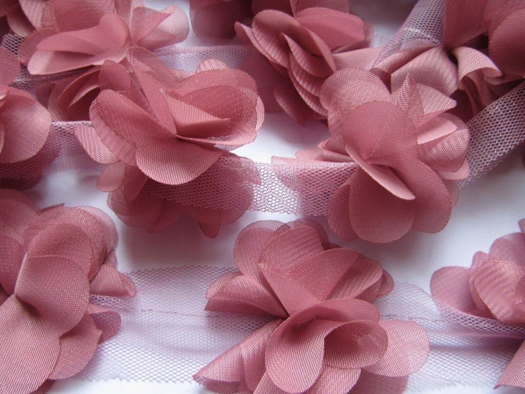 YYCRAFT 4.5 Yards 2.5" 3D Chiffon Flower Lace Trims Bridal Bouquets Cluster Flower DIY Sewing(Rose Pink)