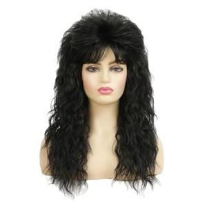 Amnenl Long Black Curly Wigs for Women Mullet Wig with Bangs 70s 80s Costume Wigs for Halloween Daily Part Use